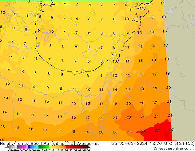 Yükseklik/Sıc. 850 hPa Arpege-eu Paz 05.05.2024 18 UTC