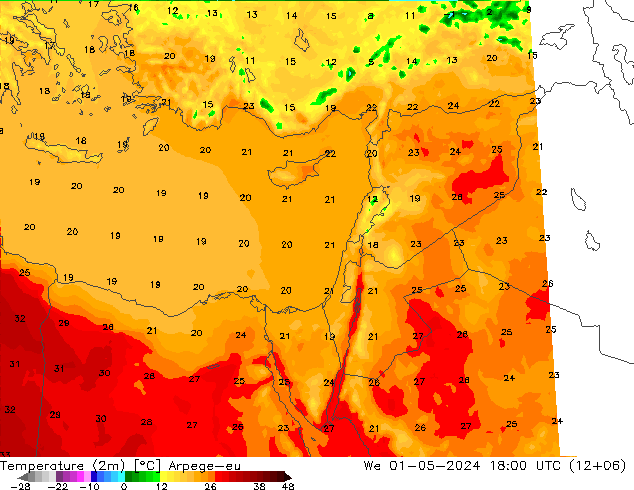 Temperatura (2m) Arpege-eu Qua 01.05.2024 18 UTC