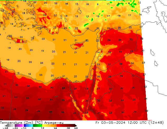 Temperatura (2m) Arpege-eu ven 03.05.2024 12 UTC