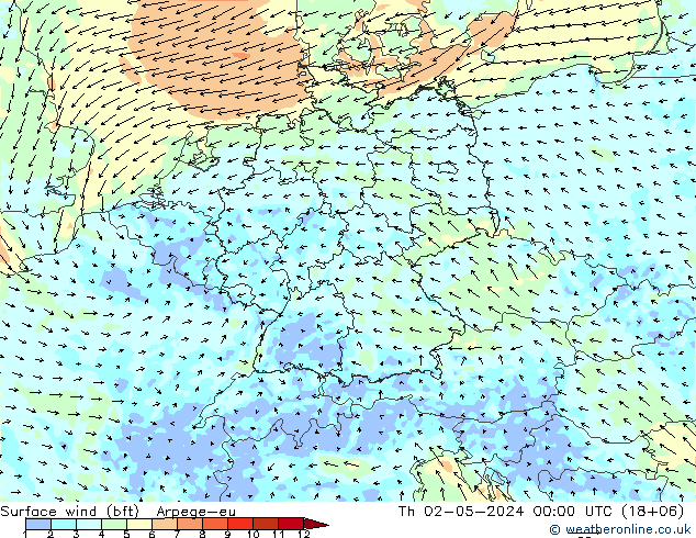 Rüzgar 10 m (bft) Arpege-eu Per 02.05.2024 00 UTC