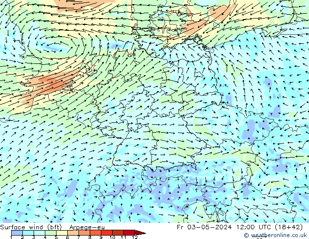 Wind 10 m (bft) Arpege-eu vr 03.05.2024 12 UTC