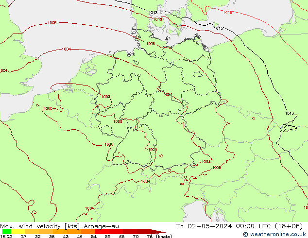 Max. wind velocity Arpege-eu jeu 02.05.2024 00 UTC