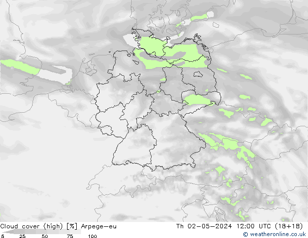 Cloud cover (high) Arpege-eu Th 02.05.2024 12 UTC