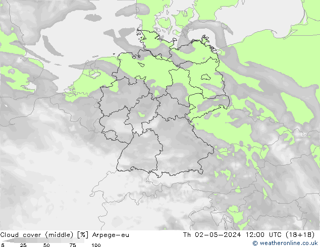 Cloud cover (middle) Arpege-eu Th 02.05.2024 12 UTC
