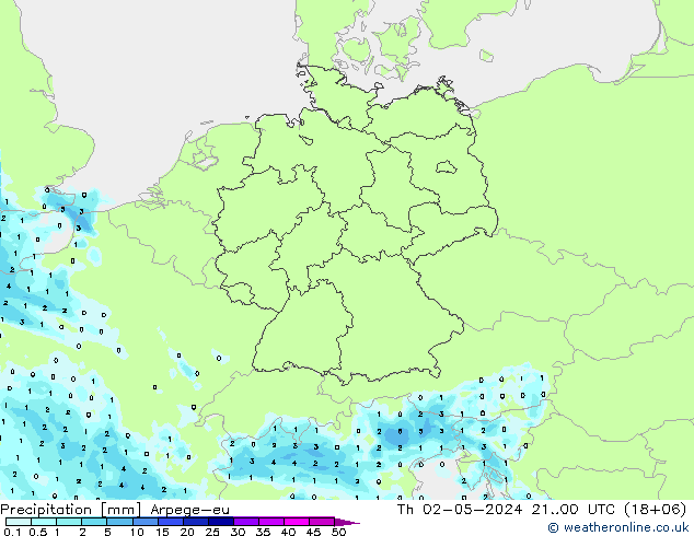Srážky Arpege-eu Čt 02.05.2024 00 UTC