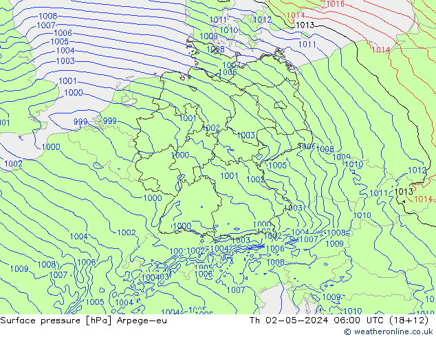 Atmosférický tlak Arpege-eu Čt 02.05.2024 06 UTC