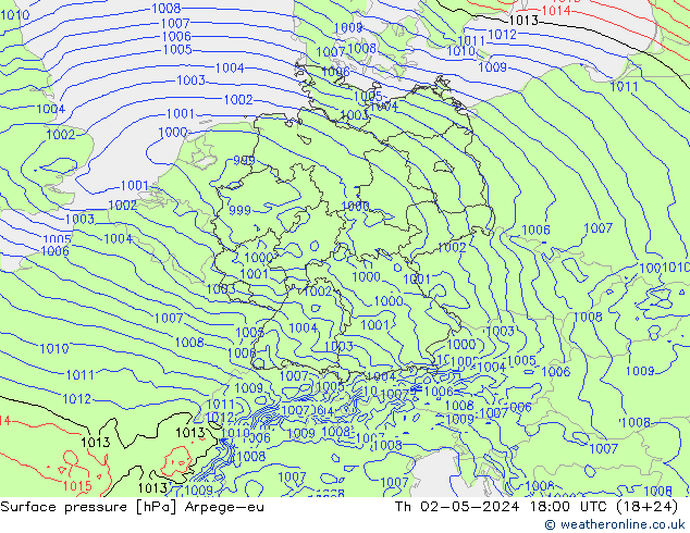 Atmosférický tlak Arpege-eu Čt 02.05.2024 18 UTC