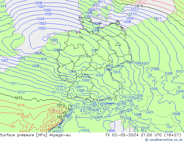 Surface pressure Arpege-eu Th 02.05.2024 21 UTC