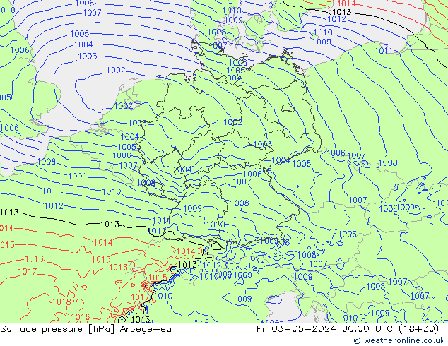 Pressione al suolo Arpege-eu ven 03.05.2024 00 UTC