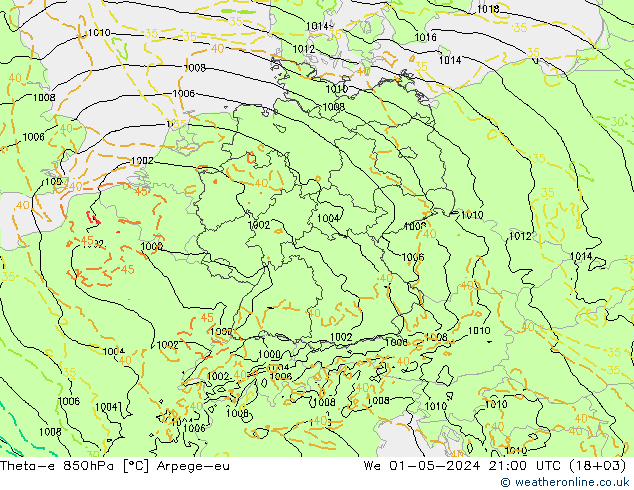 Theta-e 850hPa Arpege-eu We 01.05.2024 21 UTC