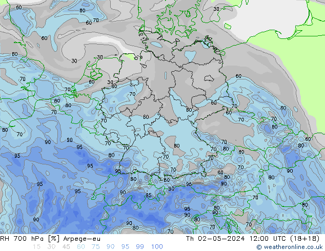 RH 700 гПа Arpege-eu чт 02.05.2024 12 UTC