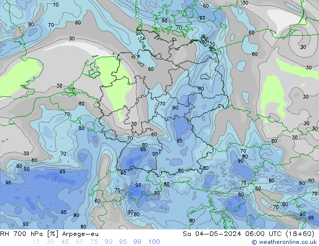 RH 700 hPa Arpege-eu Sa 04.05.2024 06 UTC