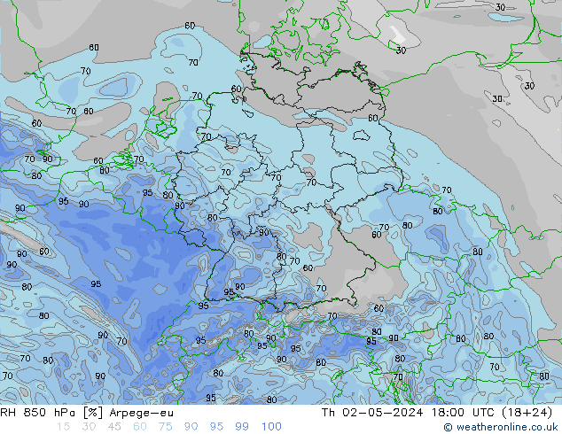 Humidité rel. 850 hPa Arpege-eu jeu 02.05.2024 18 UTC
