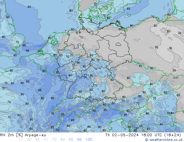 RH 2m Arpege-eu 星期四 02.05.2024 18 UTC