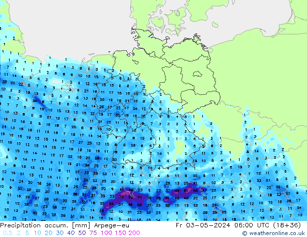 Precipitation accum. Arpege-eu Sex 03.05.2024 06 UTC