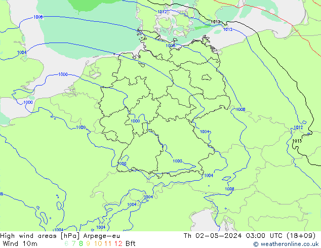 High wind areas Arpege-eu Th 02.05.2024 03 UTC