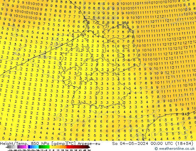 Géop./Temp. 850 hPa Arpege-eu sam 04.05.2024 00 UTC