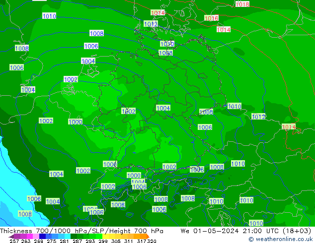 Thck 700-1000 hPa Arpege-eu śro. 01.05.2024 21 UTC