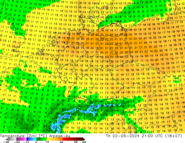 Temperature (2m) Arpege-eu Th 02.05.2024 21 UTC