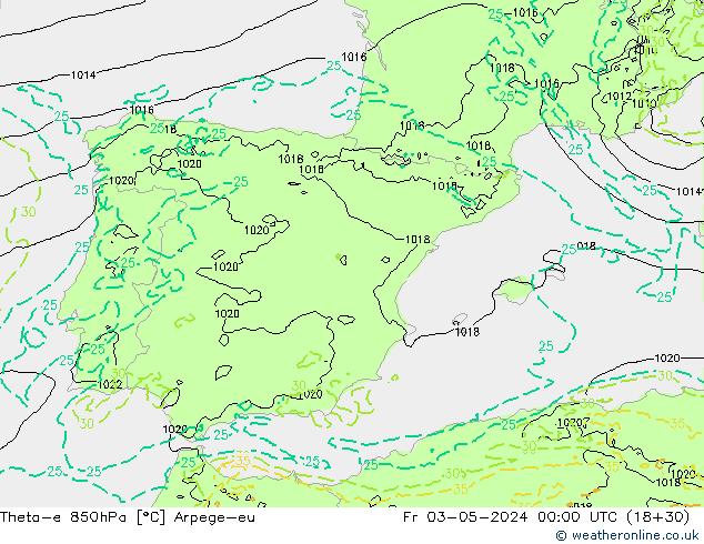 Theta-e 850hPa Arpege-eu Fr 03.05.2024 00 UTC