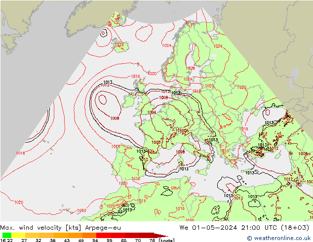 Max. wind velocity Arpege-eu We 01.05.2024 21 UTC