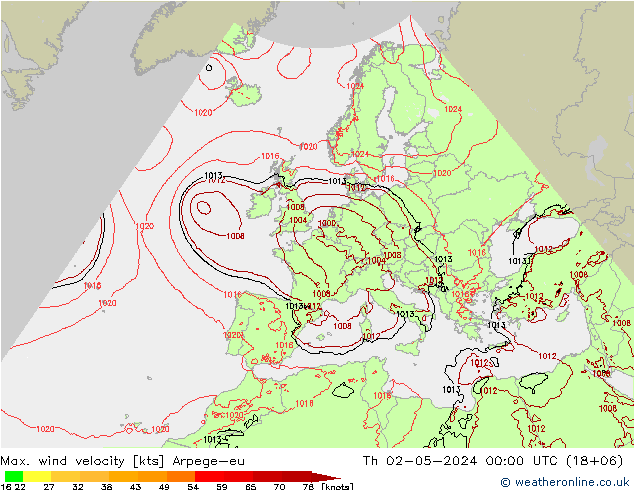 Max. wind velocity Arpege-eu Th 02.05.2024 00 UTC
