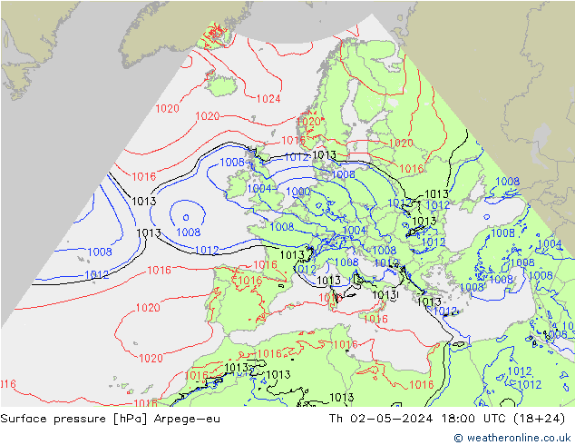 Surface pressure Arpege-eu Th 02.05.2024 18 UTC