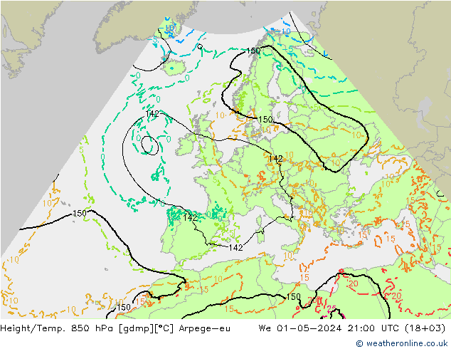 Géop./Temp. 850 hPa Arpege-eu mer 01.05.2024 21 UTC