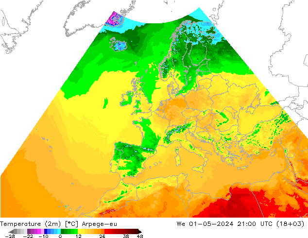 mapa temperatury (2m) Arpege-eu śro. 01.05.2024 21 UTC