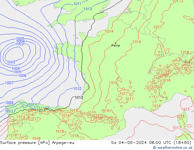 Atmosférický tlak Arpege-eu So 04.05.2024 06 UTC