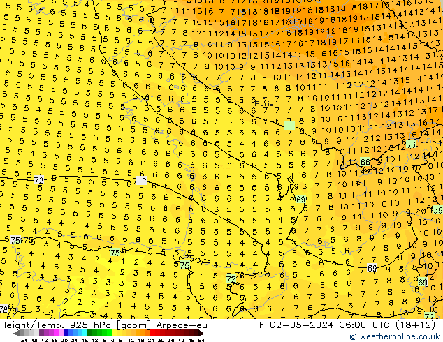 Hoogte/Temp. 925 hPa Arpege-eu do 02.05.2024 06 UTC