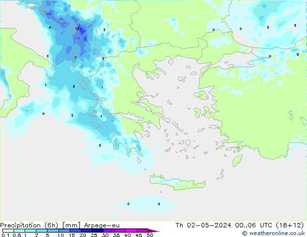 Precipitation (6h) Arpege-eu Čt 02.05.2024 06 UTC