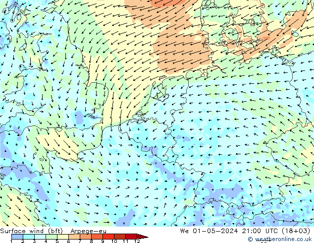 Vento 10 m (bft) Arpege-eu Qua 01.05.2024 21 UTC