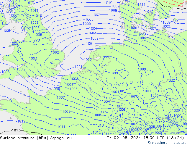 Pressione al suolo Arpege-eu gio 02.05.2024 18 UTC