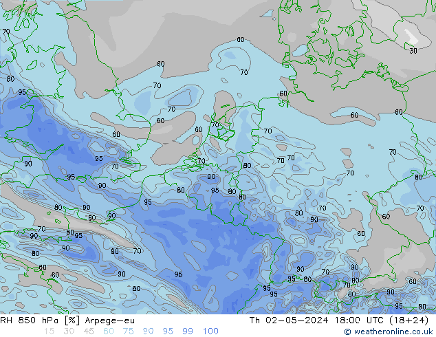 RH 850 hPa Arpege-eu Th 02.05.2024 18 UTC