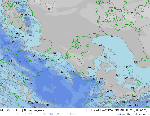 RH 925 hPa Arpege-eu Qui 02.05.2024 06 UTC