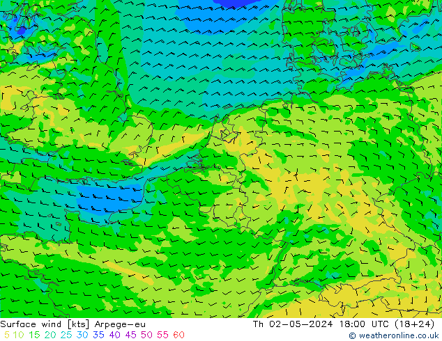 Surface wind Arpege-eu Th 02.05.2024 18 UTC