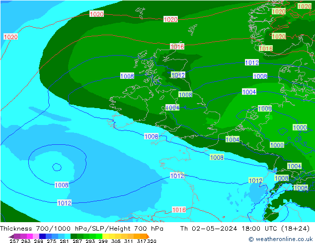 Thck 700-1000 hPa Arpege-eu gio 02.05.2024 18 UTC