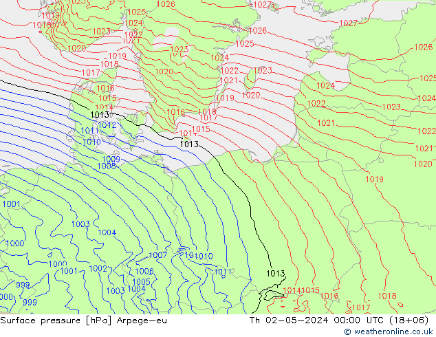 Atmosférický tlak Arpege-eu Čt 02.05.2024 00 UTC