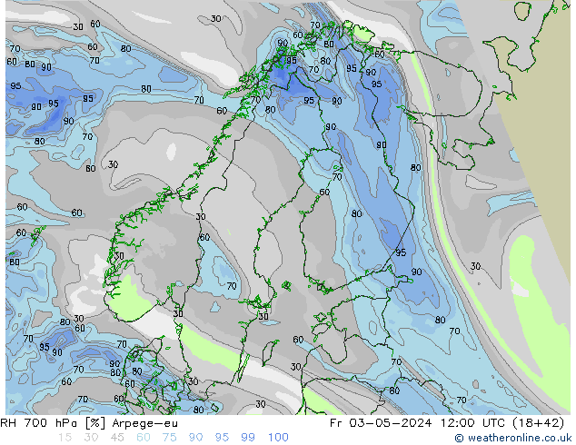 RH 700 hPa Arpege-eu ven 03.05.2024 12 UTC