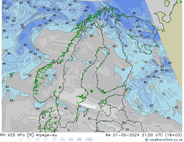 RH 925 гПа Arpege-eu ср 01.05.2024 21 UTC