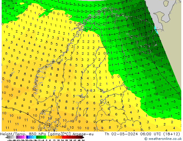 Height/Temp. 850 hPa Arpege-eu Th 02.05.2024 06 UTC