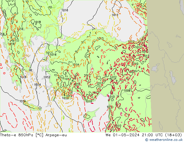 Theta-e 850hPa Arpege-eu We 01.05.2024 21 UTC