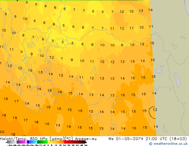 Yükseklik/Sıc. 850 hPa Arpege-eu Çar 01.05.2024 21 UTC