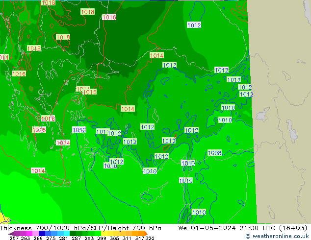 Thck 700-1000 hPa Arpege-eu We 01.05.2024 21 UTC