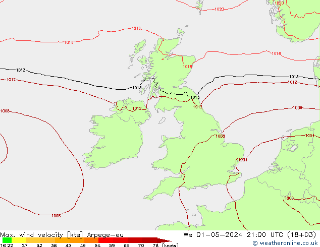 Max. wind velocity Arpege-eu mer 01.05.2024 21 UTC