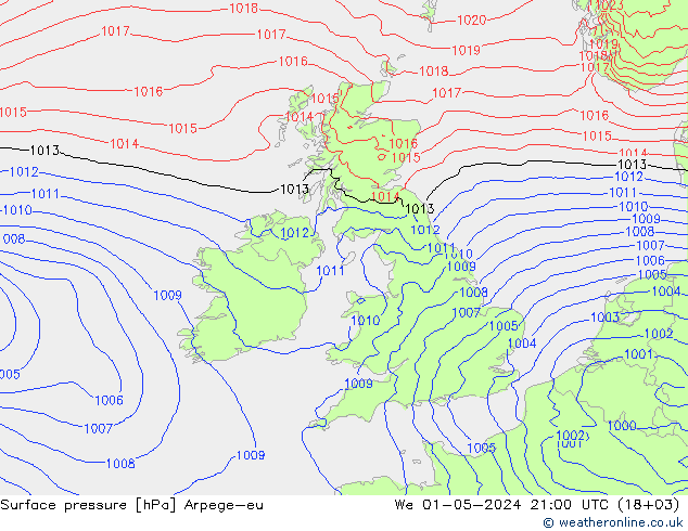 Presión superficial Arpege-eu mié 01.05.2024 21 UTC