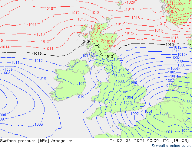 Pressione al suolo Arpege-eu gio 02.05.2024 00 UTC