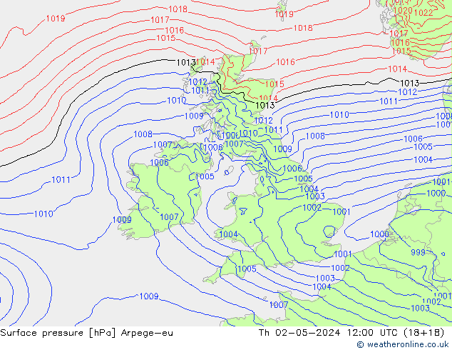 Pressione al suolo Arpege-eu gio 02.05.2024 12 UTC