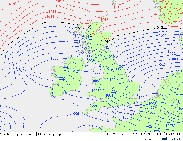 Surface pressure Arpege-eu Th 02.05.2024 18 UTC